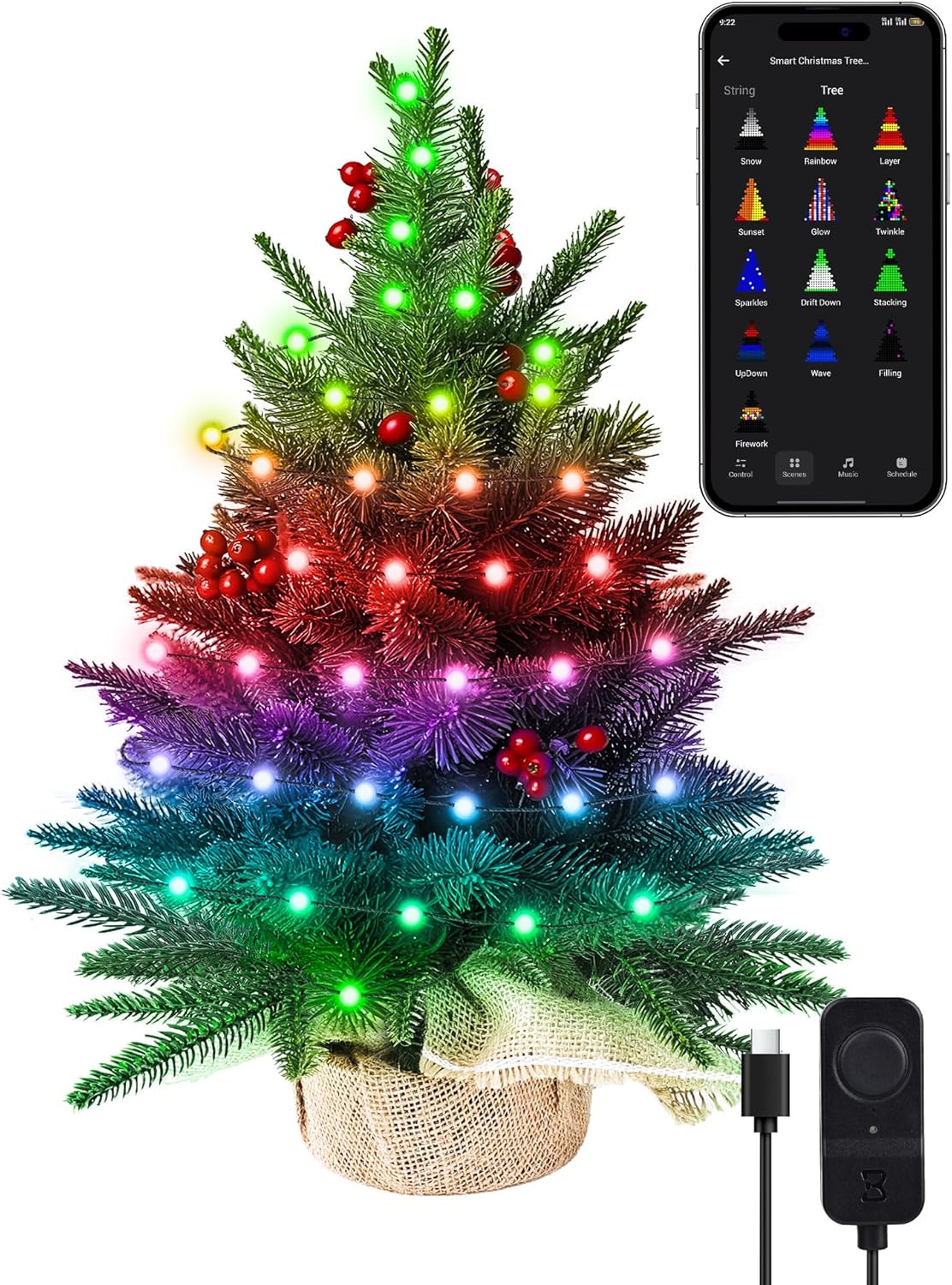 Brizled Smart Mini Christmas Tree, 22.8in DIY Smart-Lit Tabletop Tree with 75 LED RGB Lights, App/Voice Control 159  Scenes Mini Xmas Tree USB C Music Small Tree Work with PD Power for Fireplace Desk